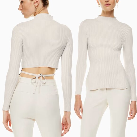 Aritzia Babaton Sculpt Knit Tie Back Sweater Long Sleeves Rib Mock Neck S $98 - Picture 3 of 16
